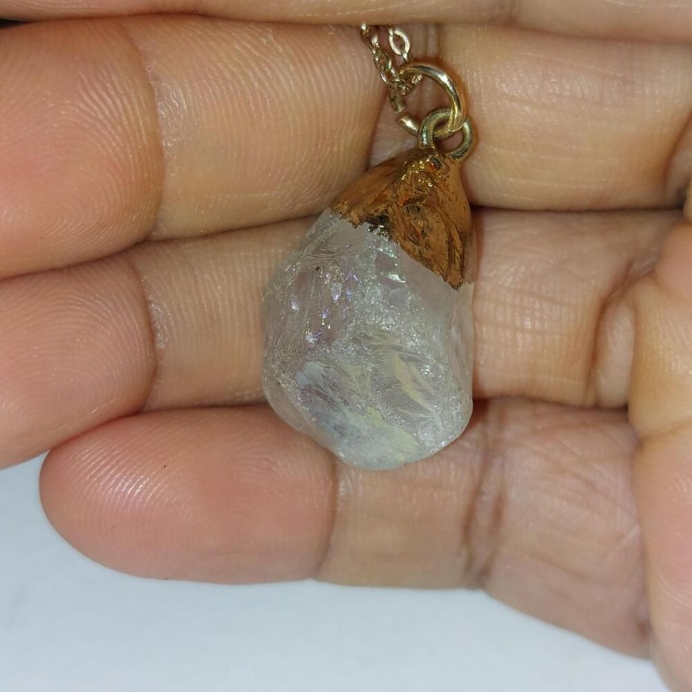 Handmade Angel Aura Raw Quartz Crystal Pendant Necklace With Gold Tone Cap